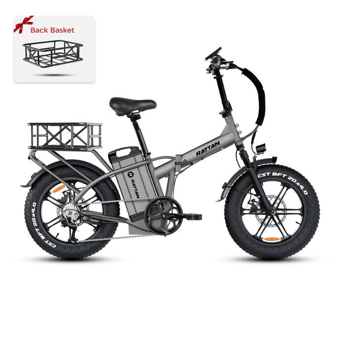 Rattan Electric Bikes Ebike + Back Basket Rattan LM ULTRA 1000W 48V 40.5Ah Brushless Gear Hub Motor Full Suspension Fat Tire 4.0 Foldable 2-Seater Electric Bike with Hydraulic Brakes and Max Range of 120 Miles!