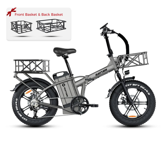 Rattan Electric Bikes Ebike + Front & Back Baskets Rattan LM ULTRA 1000W 48V 40.5Ah Brushless Gear Hub Motor Full Suspension Fat Tire 4.0 Foldable 2-Seater Electric Bike with Hydraulic Brakes and Max Range of 120 Miles!