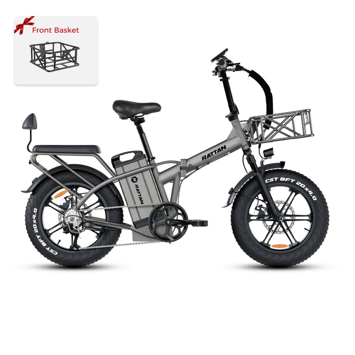Rattan Electric Bikes Ebike + Front Basket Rattan LM ULTRA 1000W 48V 40.5Ah Brushless Gear Hub Motor Full Suspension Fat Tire 4.0 Foldable 2-Seater Electric Bike with Hydraulic Brakes and Max Range of 120 Miles!