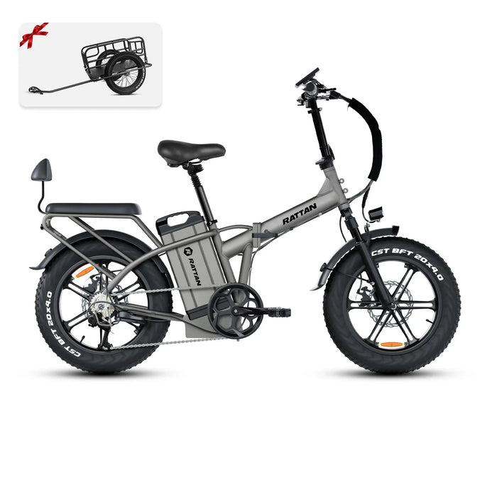 Rattan Electric Bikes Ebike + Trailer Rattan LM ULTRA 1000W 48V 40.5Ah Brushless Gear Hub Motor Full Suspension Fat Tire 4.0 Foldable 2-Seater Electric Bike with Hydraulic Brakes and Max Range of 120 Miles!