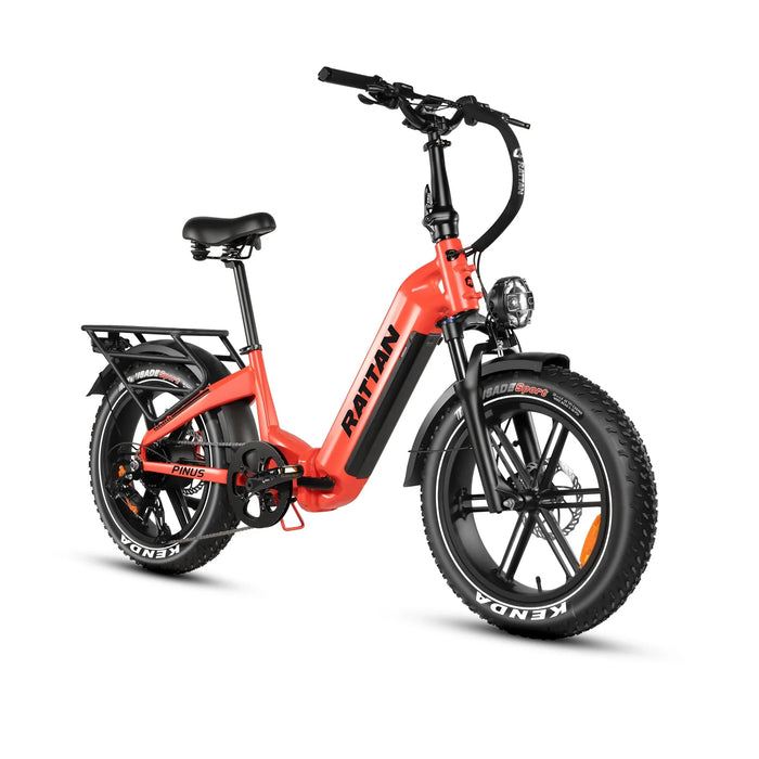 Rattan Electric Bikes Lava Red Rattan Pinus 20" * 4" Fat tire eBike, LCD Display with App control, 1200w (peak) motor, Class-3 speed(Top Speed 28mph), 48V 960Wh Battery and a step-through frame.